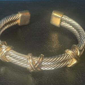 Vintage  2-Tone Silver & Gold Double Twisted Cable  X Design Cuff Bracelet